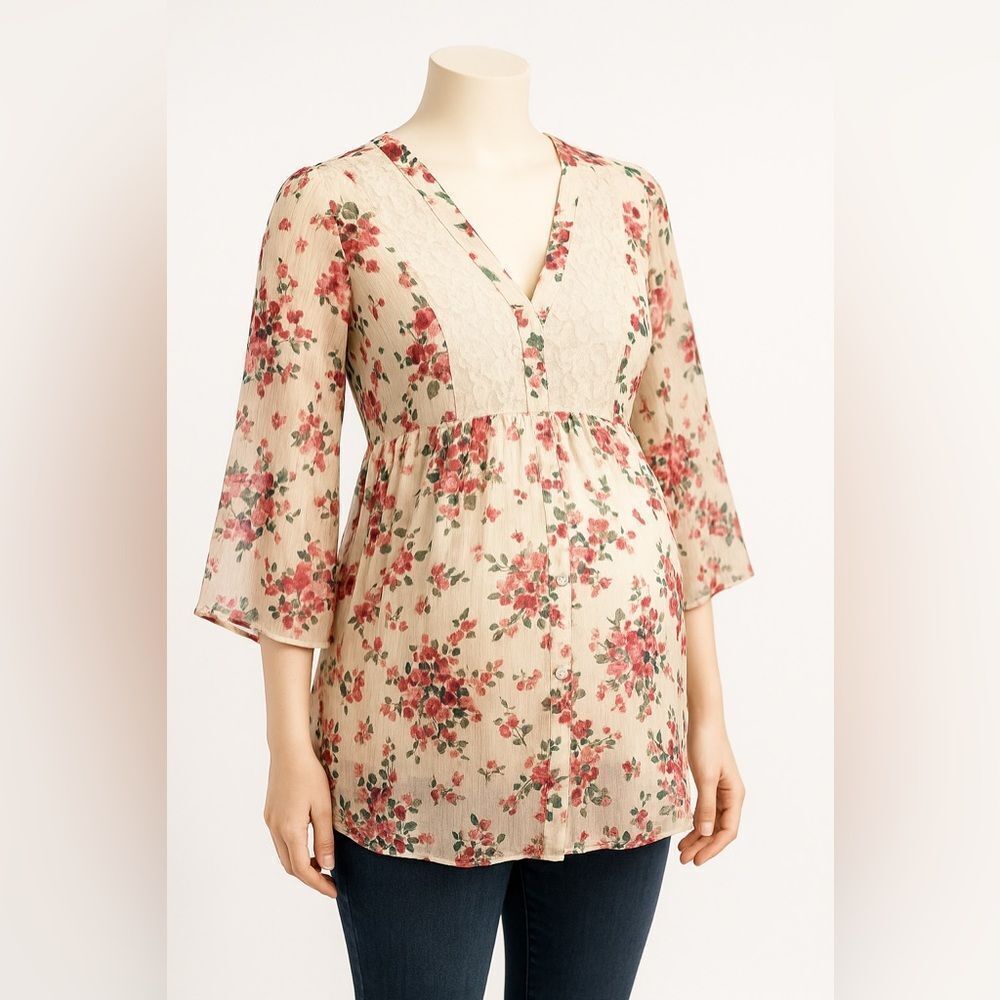 Motherhood Floral Blouse - Cream and Red MEDIUM